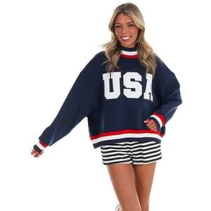 NEW PRETTY FOLLIES usa letter print contrast sweatshirt in navy